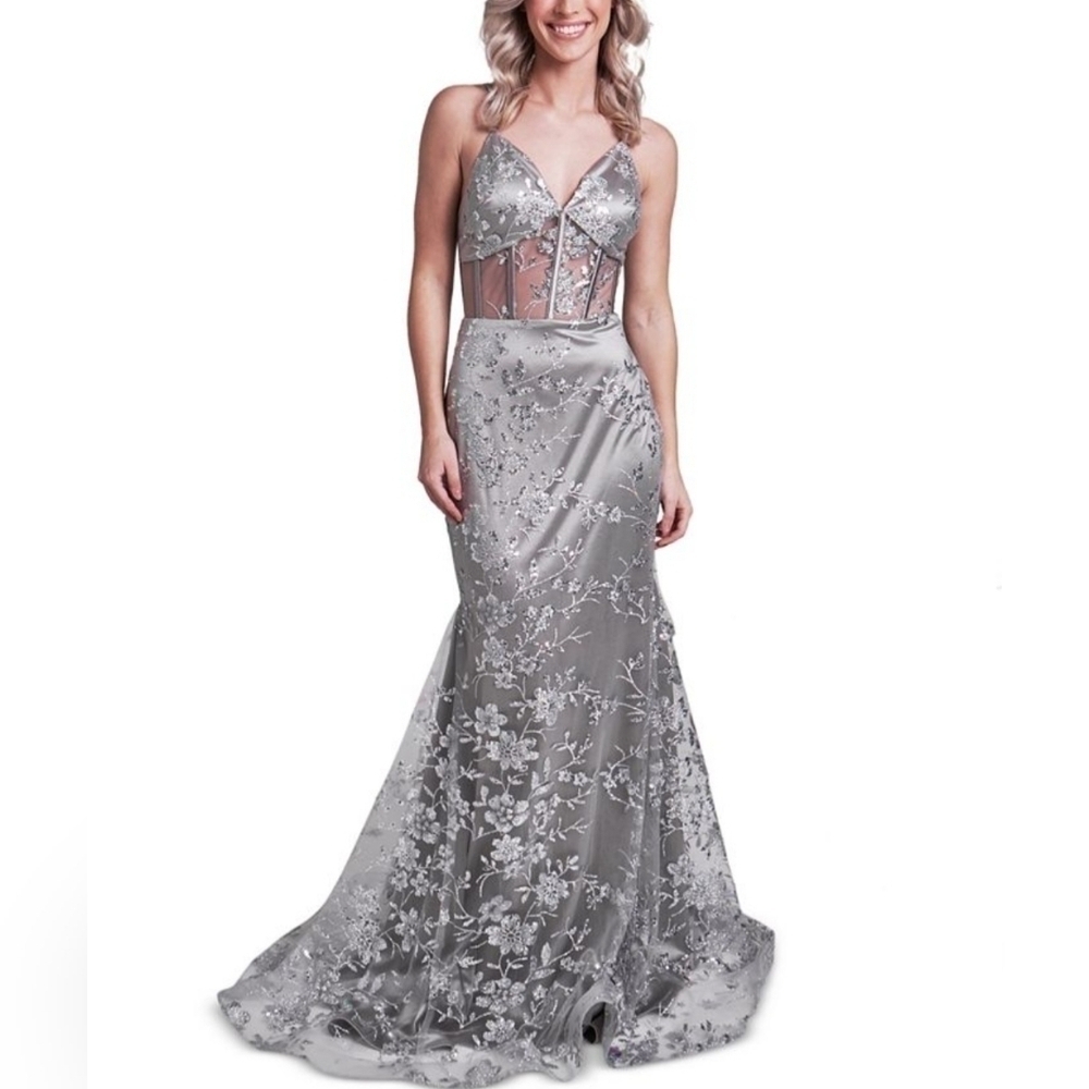 Dear Moon Silver Glitter Mesh Gown Size 0
